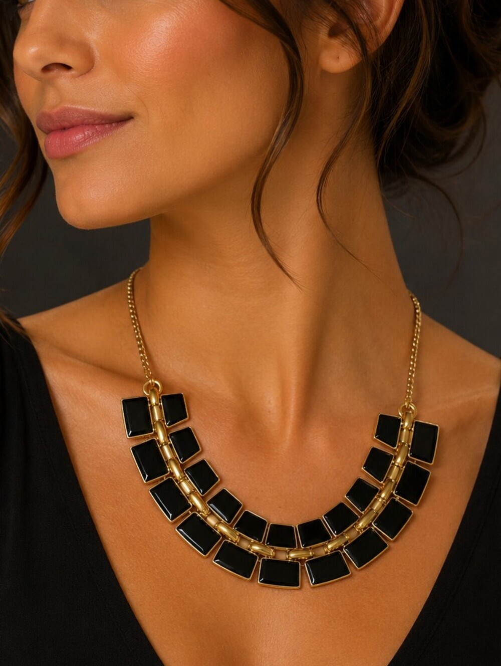 5/$25 Black Geometric Cleopatra Style Bib Necklace